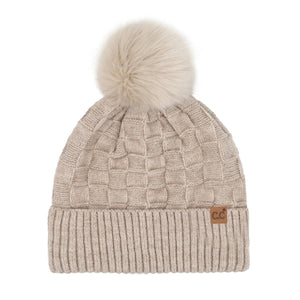 Woven Checkered Texture Pom C.C Beanie HTC0094: Beige