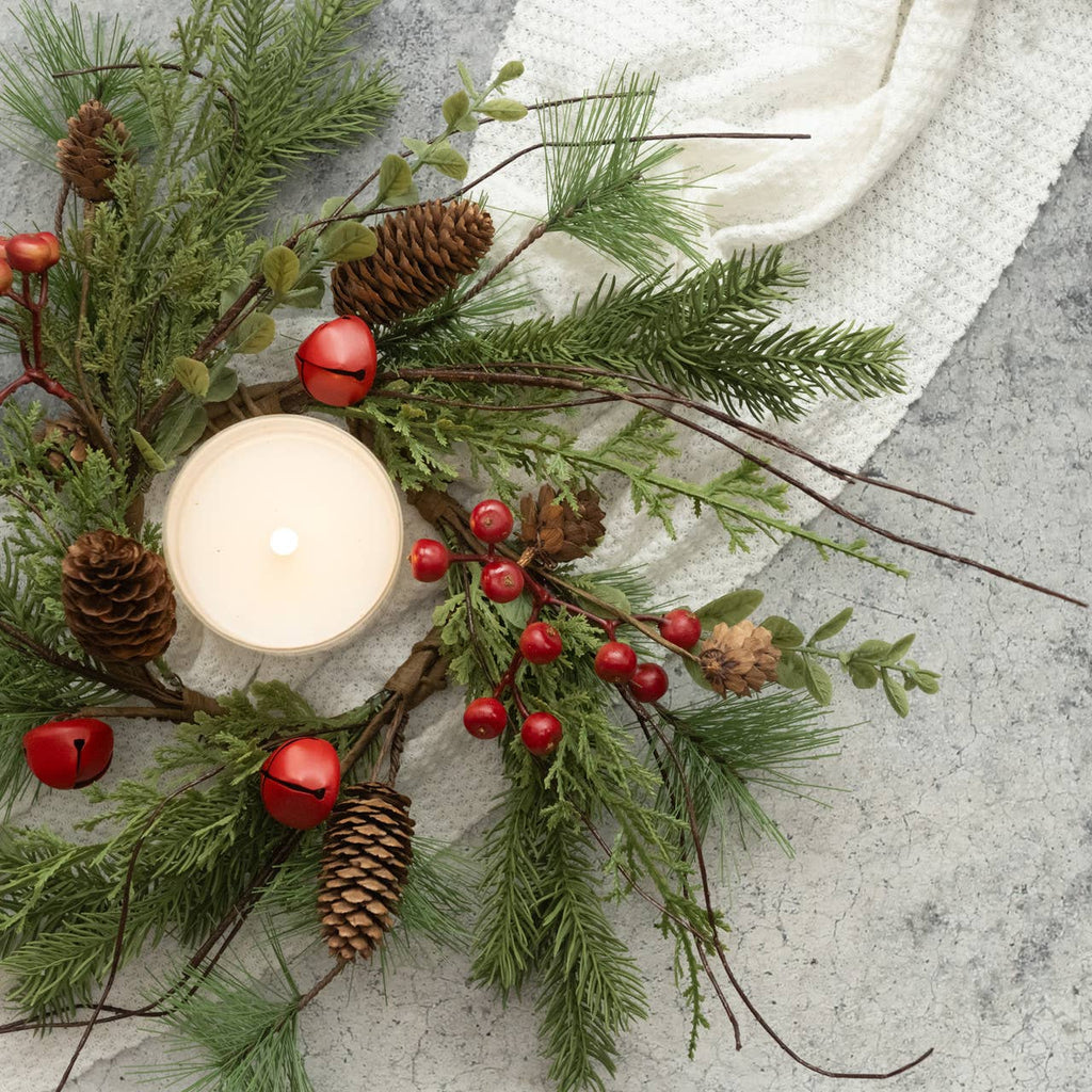 14" PINE, BELLS, BERRY & PINECONES CANDLE RING