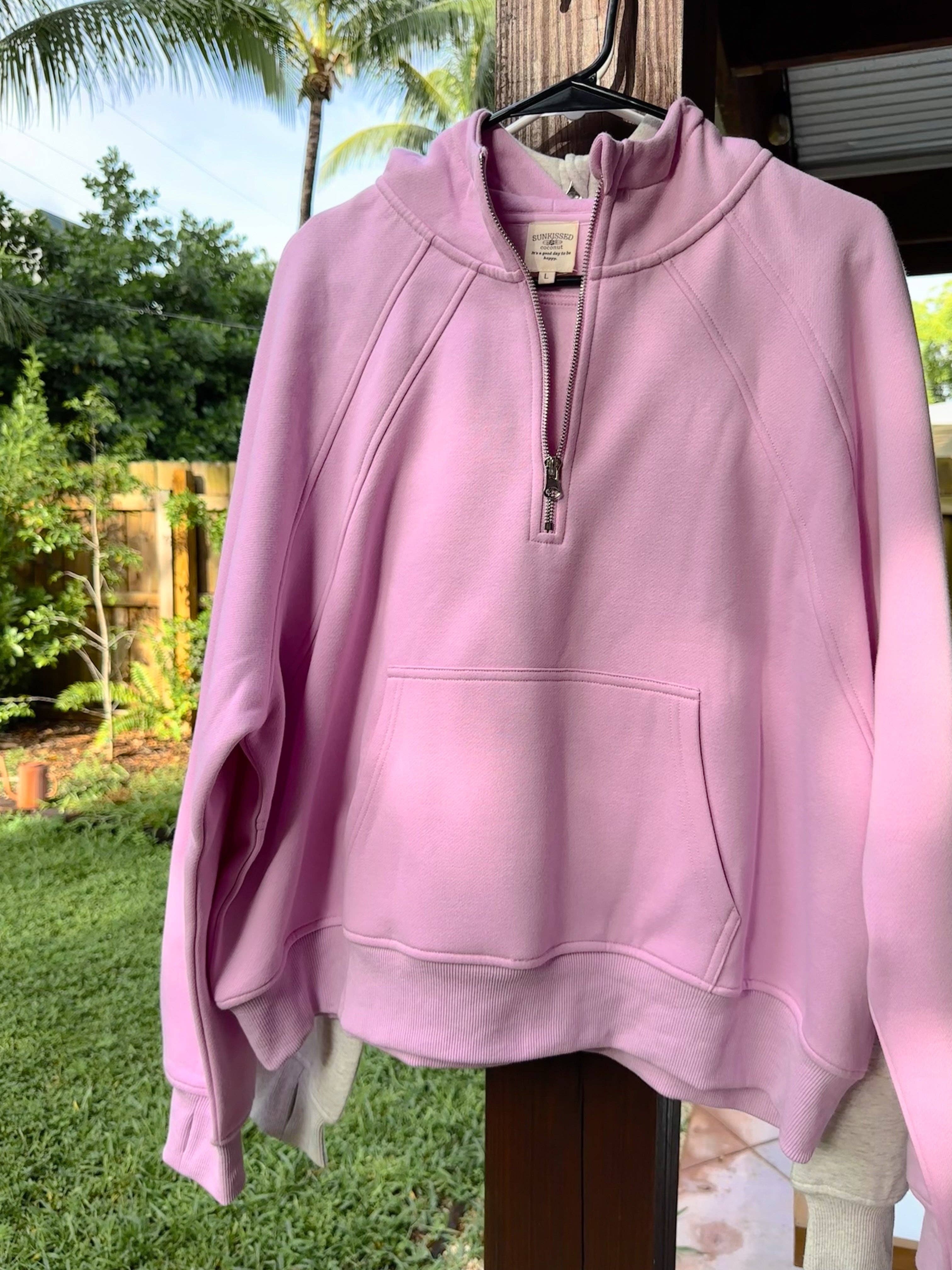Pink Lavender  Pilates Detailed Waist Length Quarter Zip Hoodie:  Pink Lavender