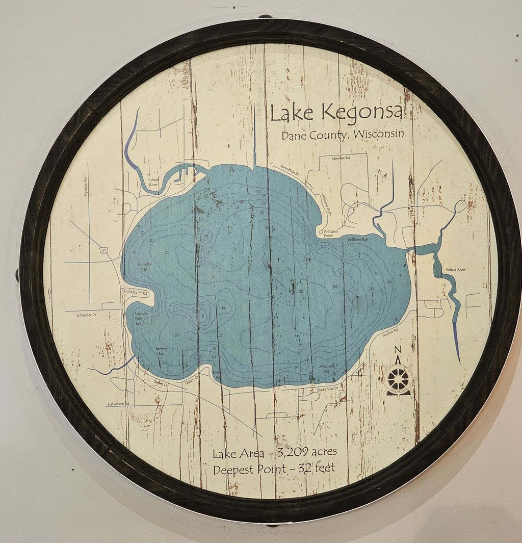 Lake Kegonsa Dane County Wisconsin - Barrel End Style Lake Art - 23" Round