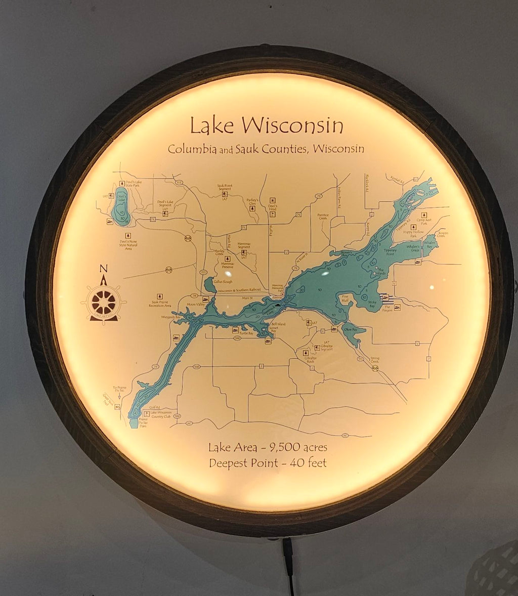LED Lake Wisconsin & Devils Lake- Barrel End Style Lake Art - 23" Round