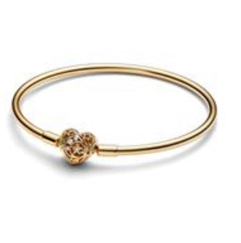 14K GOLD-PLATED BANGLE WITH HEART CLASP AND CLEAR CUBIC ZIRCONIA