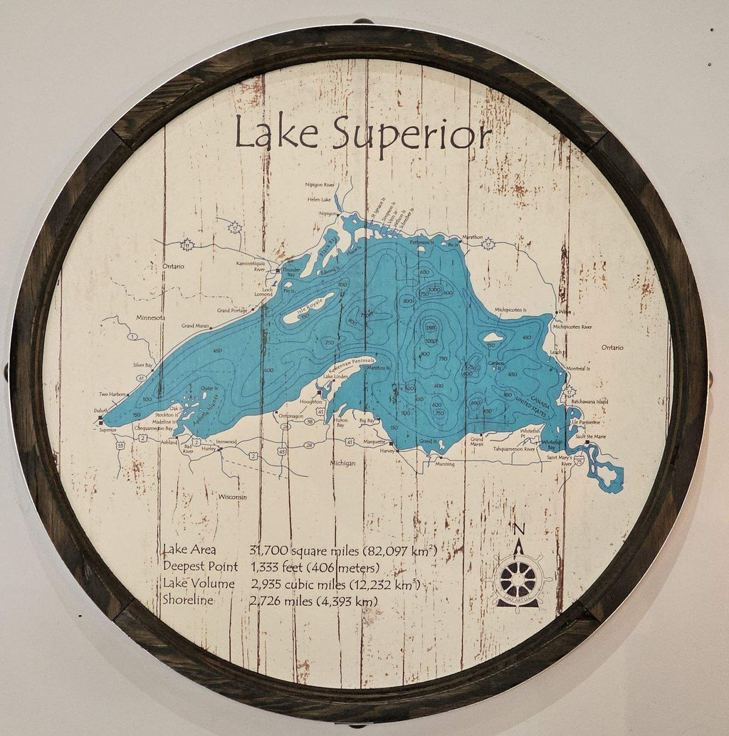 Lake Superior - Michigan Map - Barrel End Style Lake Art - 23" Round
