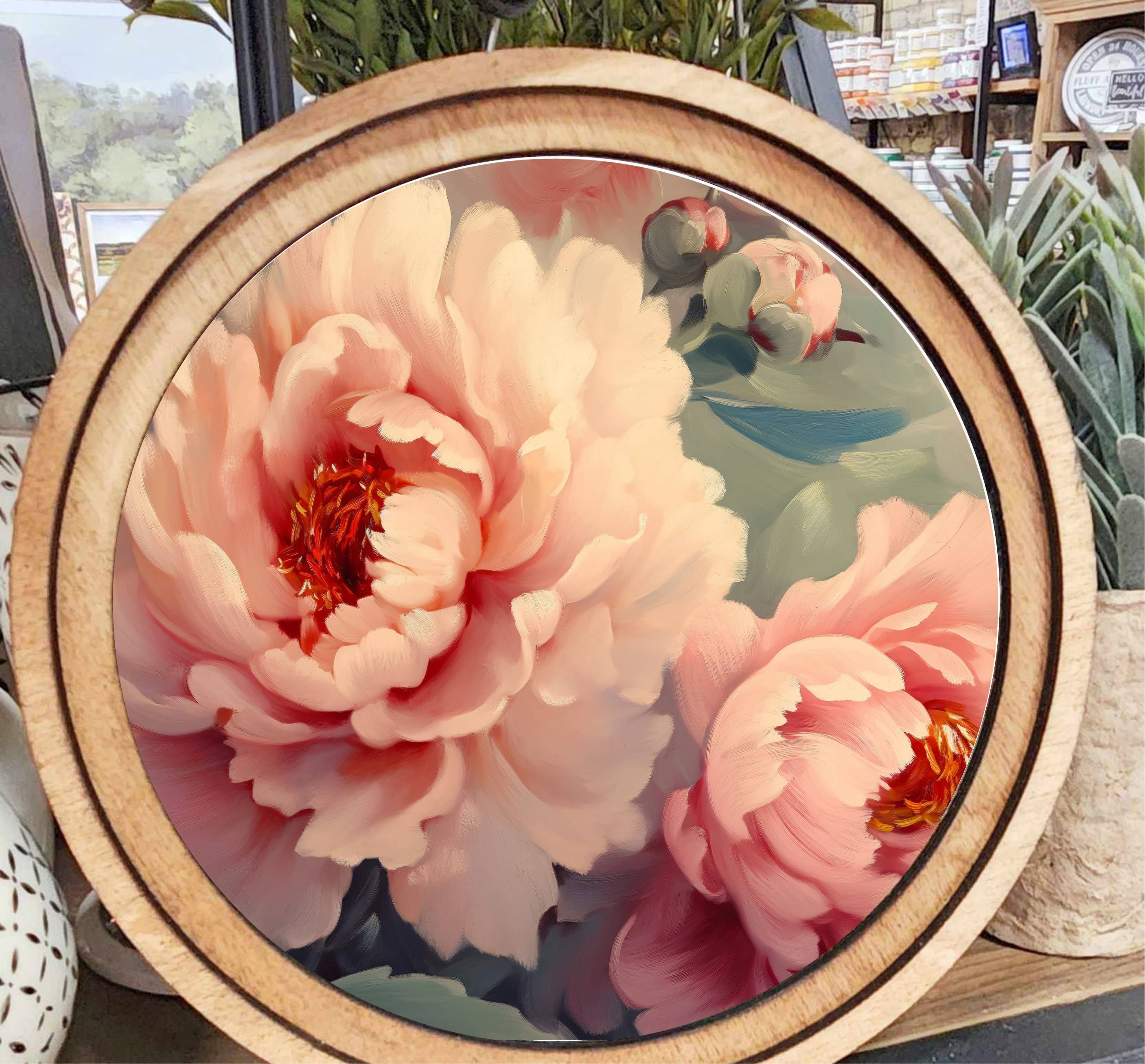 8" Round Pink Flowers Art