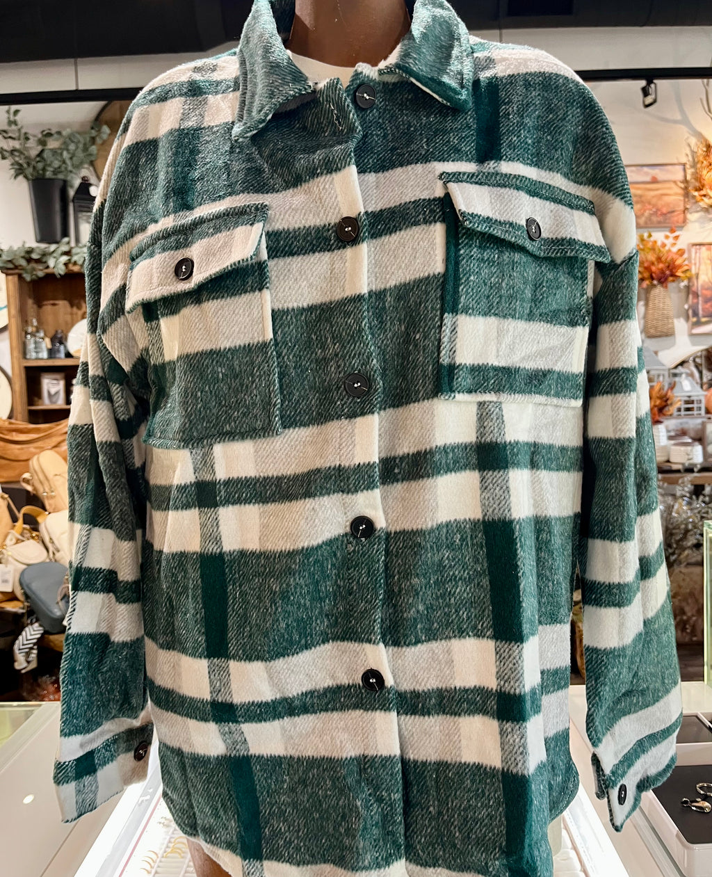 Women's Plaid Button Flannel Shirt Jacket: Green with white
