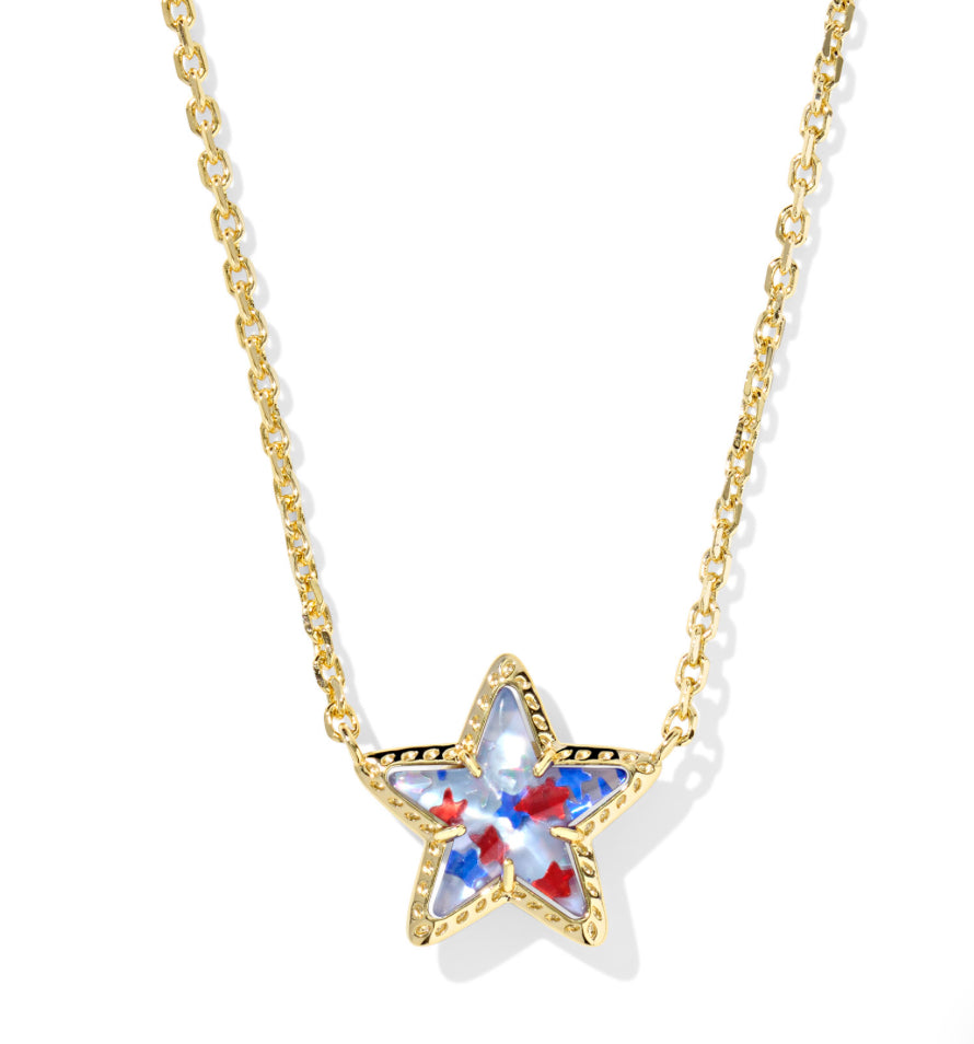 CASSIDY SHORT PENDANT NECKLACE GOLD TONE - RED WHITE BLUE ILLUSION STAR - KENDRA SCOTT -