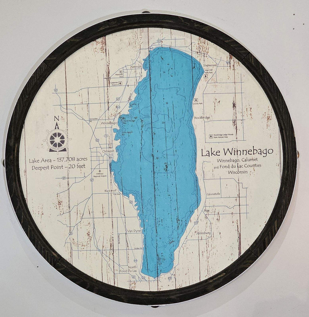 Lake Winnebago WI - Barrel End Style Lake Art - 23" Round