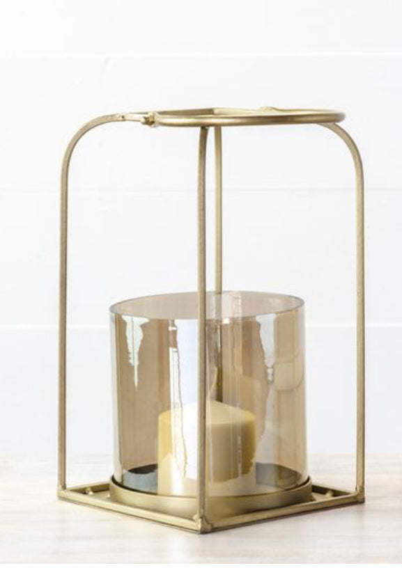 Gold tone metal lantern with glass 11.8”