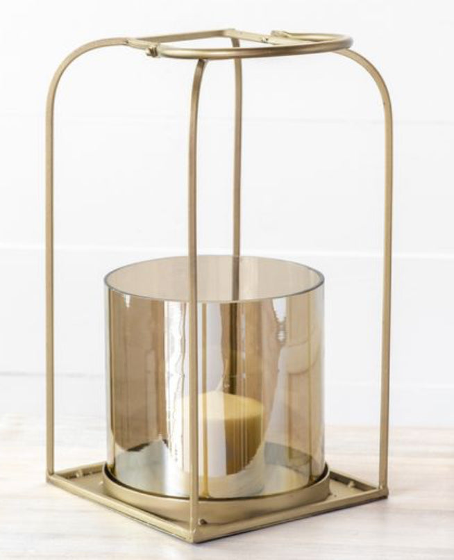 Gold tone metal lantern with glass 13.8