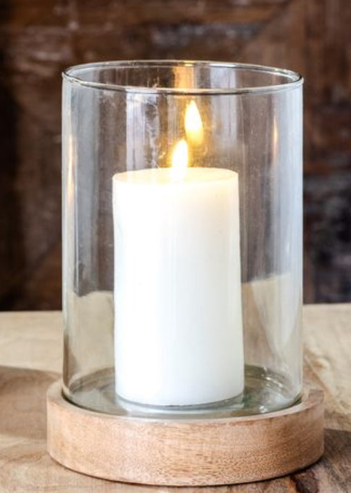 Glass cylinder with wood base 8.66 inches