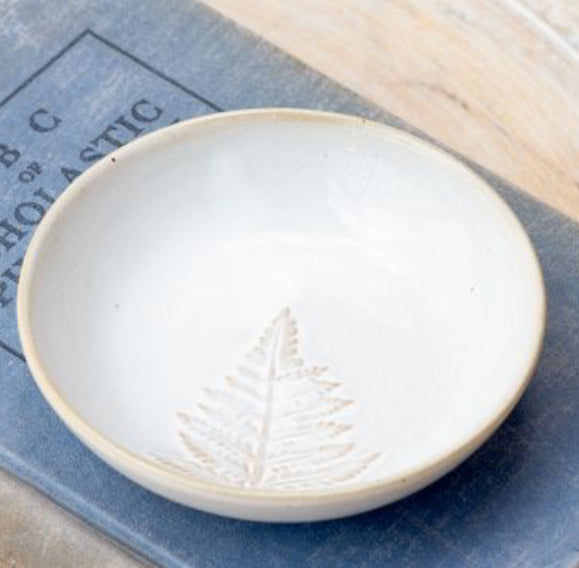 White fern trinket dish with reactive finish