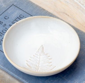 White fern trinket dish with reactive finish