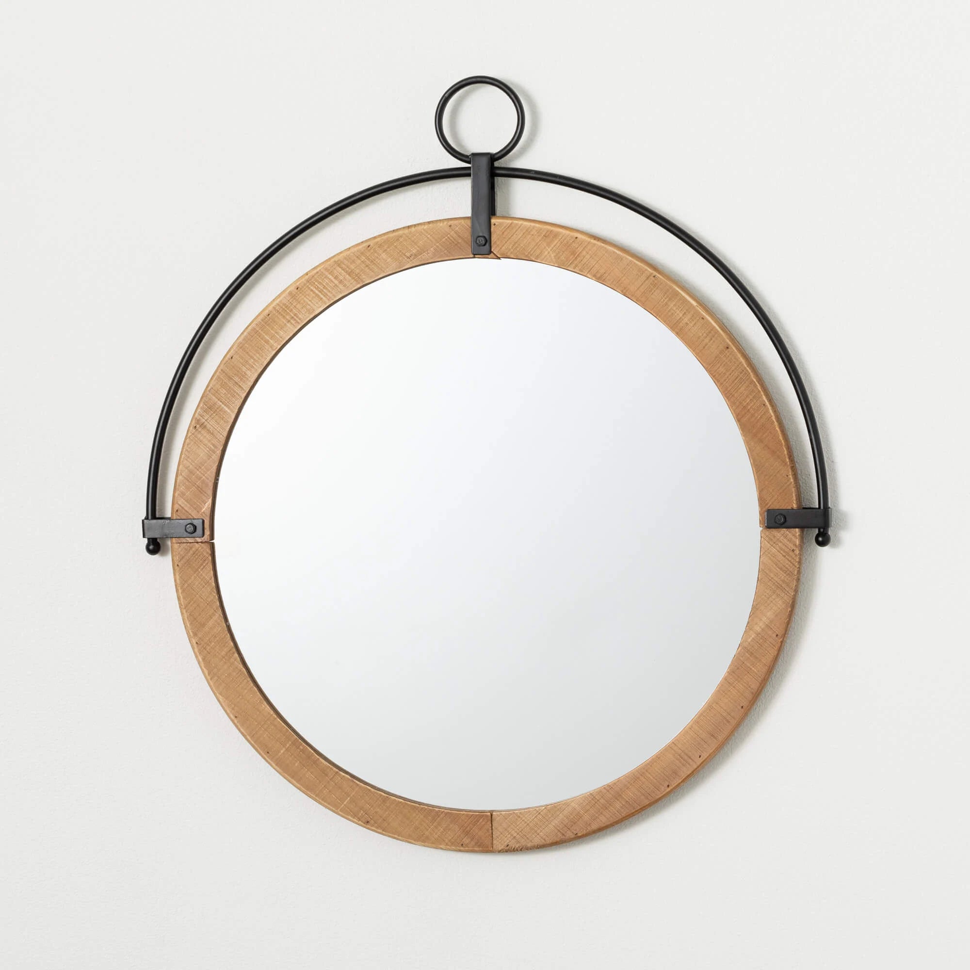 WOOD AND BLACK METAL WALL MIRROR