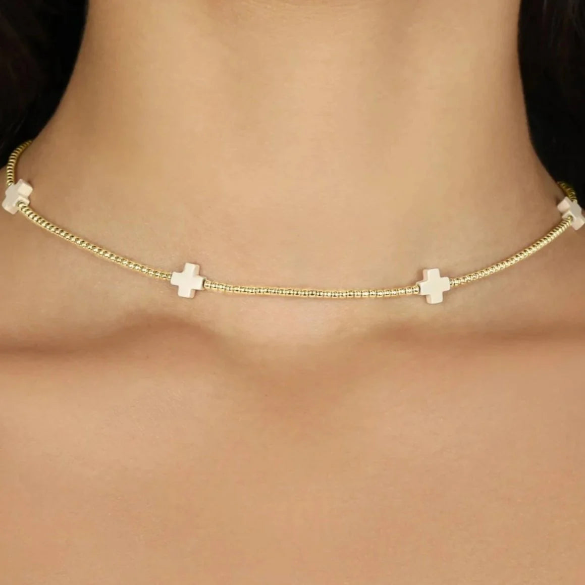 enewton - 15" Choker Signature Cross  Pattern 2mm Bead - Signature Cross GOLD PATTER OFF-WHITE CROSS