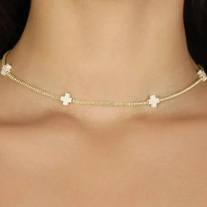 enewton - 15" Choker Signature Cross  Pattern 2mm Bead - Signature Cross GOLD PATTER OFF-WHITE CROSS
