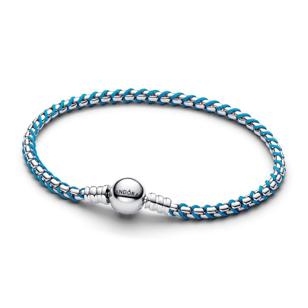 Pandora Moments Braided Sterling Box Chain Bracelet with Turquoise Cord PANDORA- 593816C01