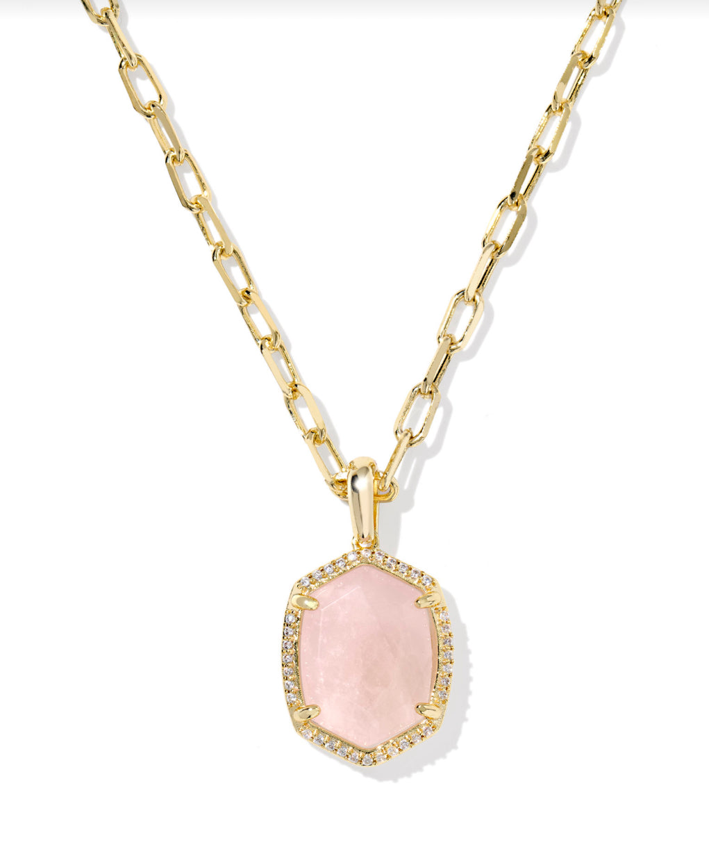 DAPHNE PAVE FRAME SHORT NECKLACE - GOLD TONE ROSE QUARTZ