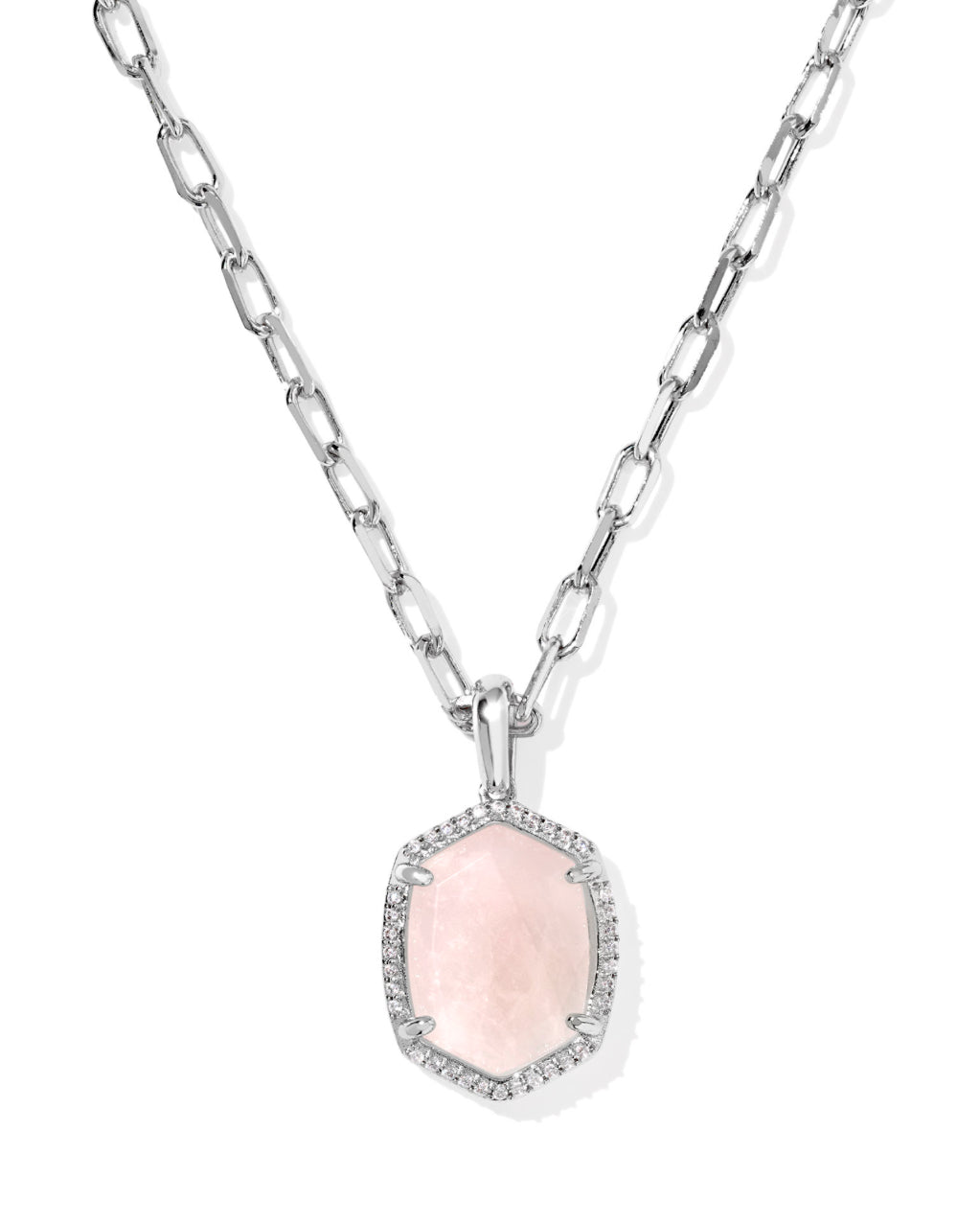 DAPHNE PAVE FRAME SHORT NECKLACE - SILVER TONE ROSE QUARTZ