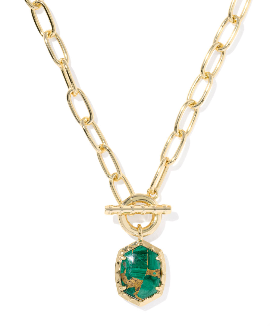 DAPHNE LINK AND CHAIN NECKLACE - GOLD BRONZE VEINED GREEN MALACHITE