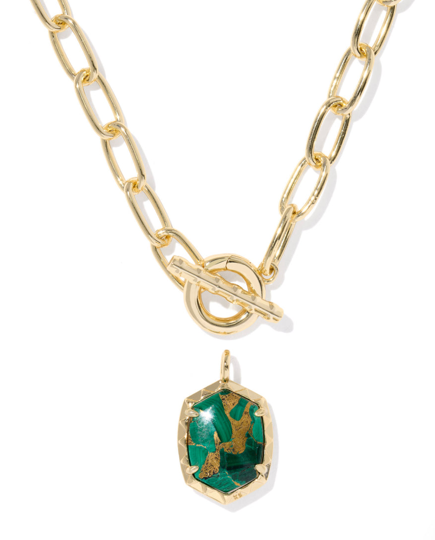 DAPHNE LINK AND CHAIN NECKLACE - GOLD BRONZE VEINED GREEN MALACHITE