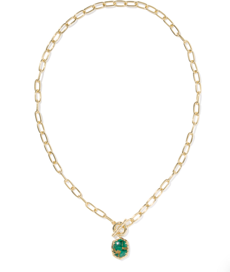 DAPHNE LINK AND CHAIN NECKLACE - GOLD BRONZE VEINED GREEN MALACHITE
