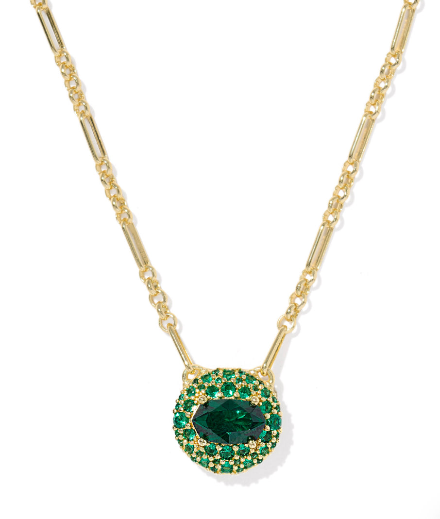 BELLA SHORT PENDANT NECKLACE -  GOLD TONE WITH DARK GREEN CRYSTAL