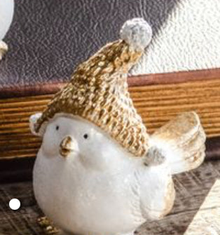 White and gold winter birds with hats