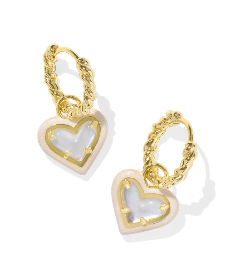 ARI HEART HUGGIE EARRINGS - ENAMEL AND MOTHER OF PEARL