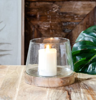 7" GLASS CYLINDER WOOD BASE
