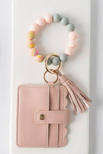 Silicone Beaded Tassel Bracelet Wristlet w/ Card Holder - Pink / Orange