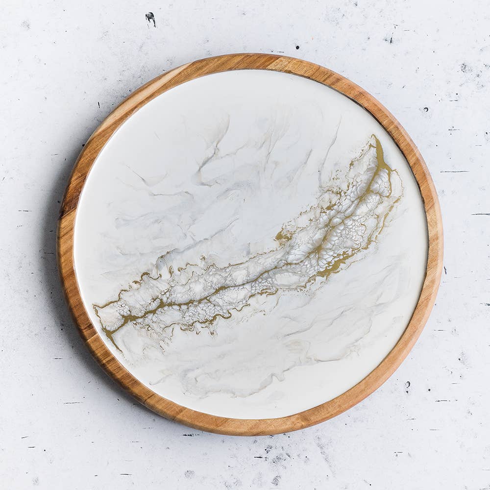 Acacia Wood and Resin Serving Tray - Lazy Susan 16": Gold Quartz