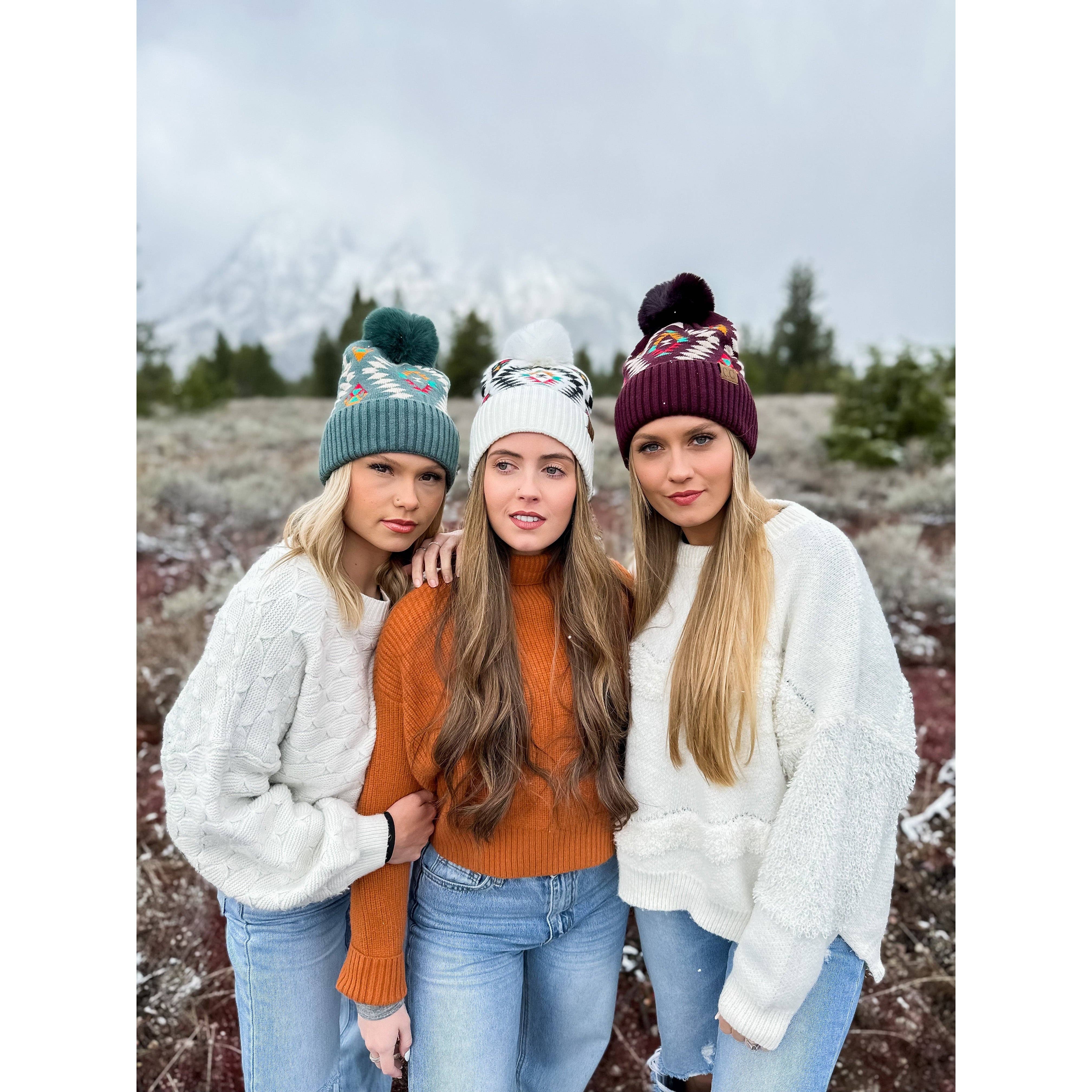 Aztec Patterned Faux Fur Pom C.C Beanie HAT3001: Taupe