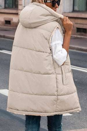 Zip Up Hooded Long Puffer Gilet Vest with Teddy Bear Lined - Khaki