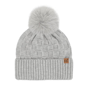 Woven Checkered Texture Pom C.C Beanie HTC0094: Beige