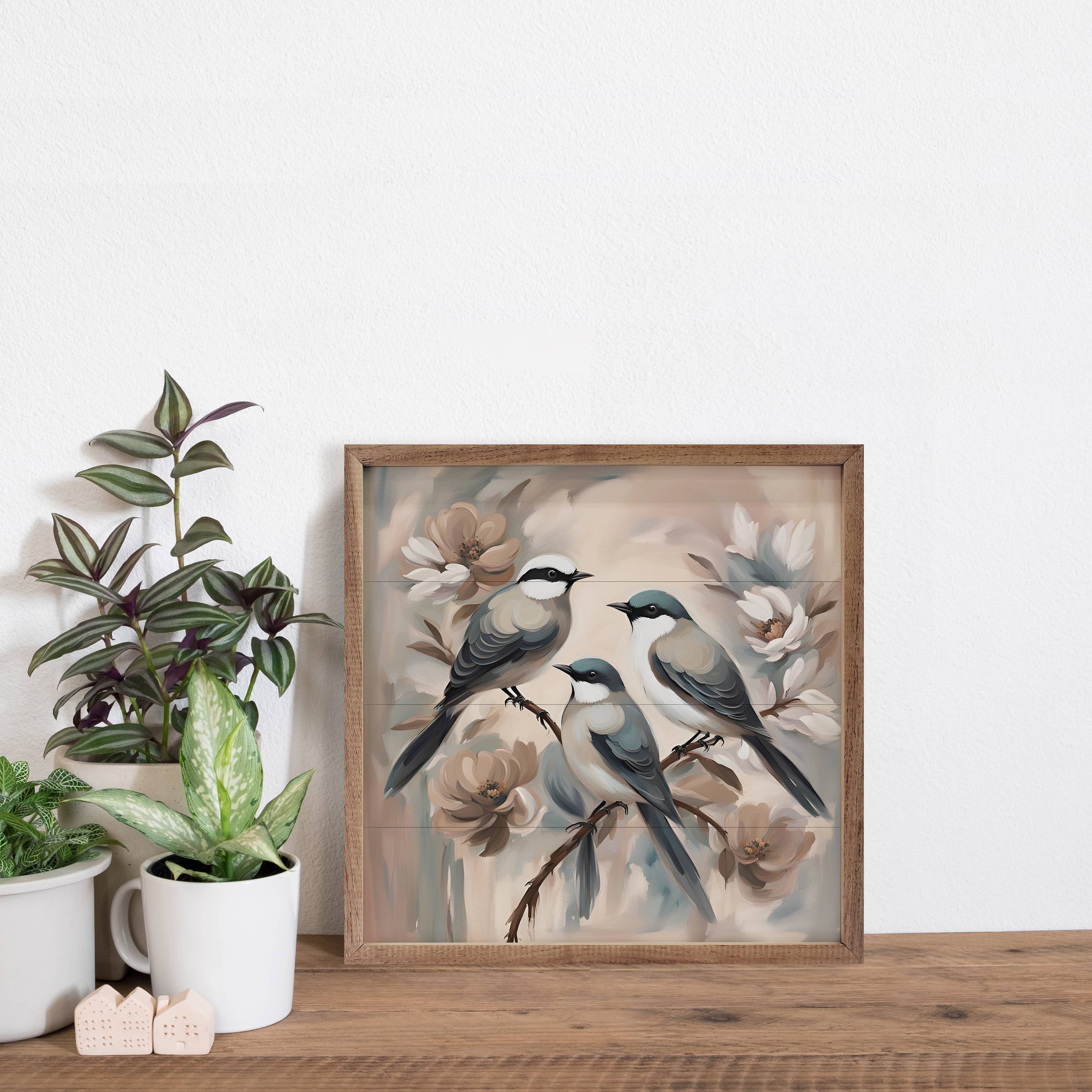 Three Birds On Floral Branch: 8 x 8 x 1.5