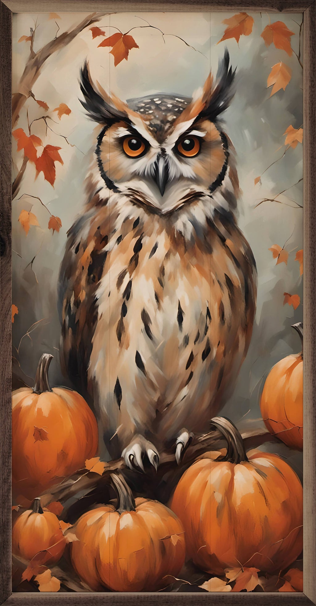Owl With Pumpkins: 8 x 16 x 1.5
