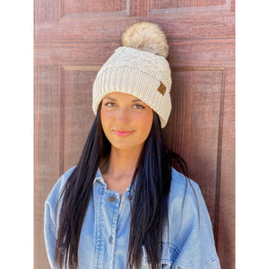 Ribbed Cable Knit Fur Pom Beanie YJ2021: Lt. Grey