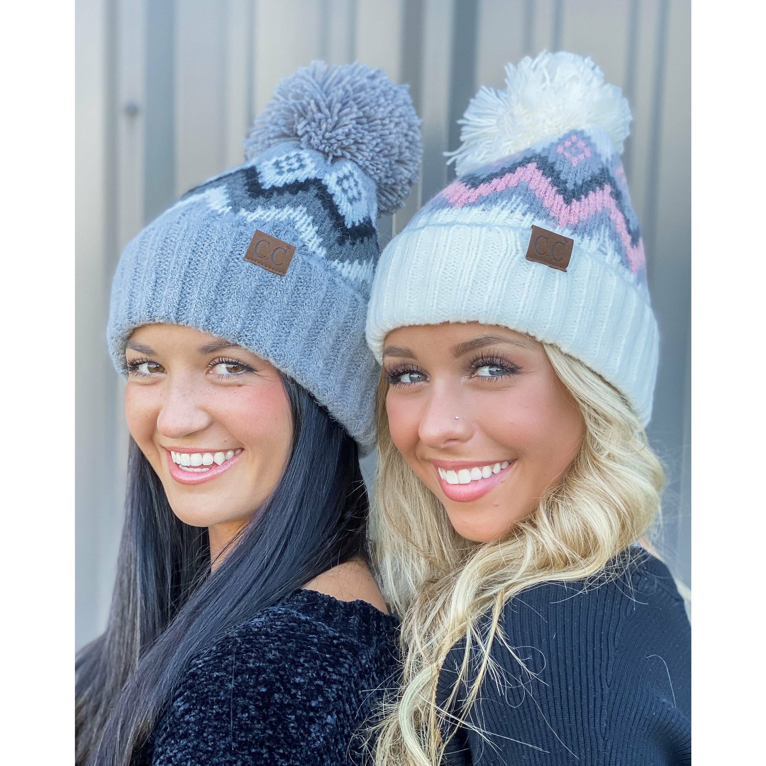 Aztec Chevron Knit Pom C.C Beanie HAT3816: Black