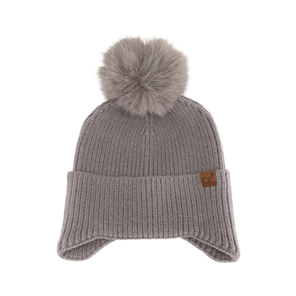 Earflap C.C Faux Fur Pom Beanie HTC0078: Grey