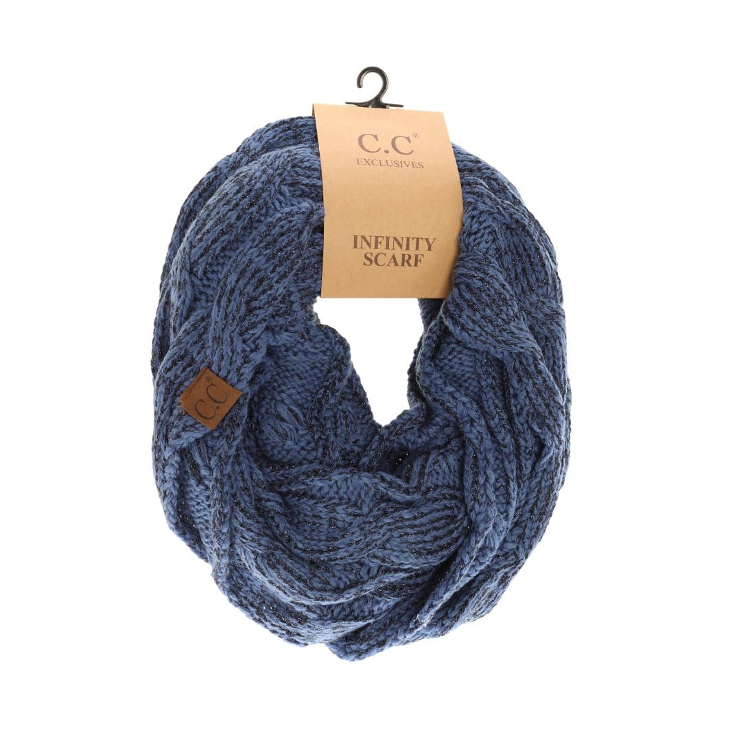 Metallic Cable Knit CC Infinity Scarf SF800MET: Metallic Ivory/Gold