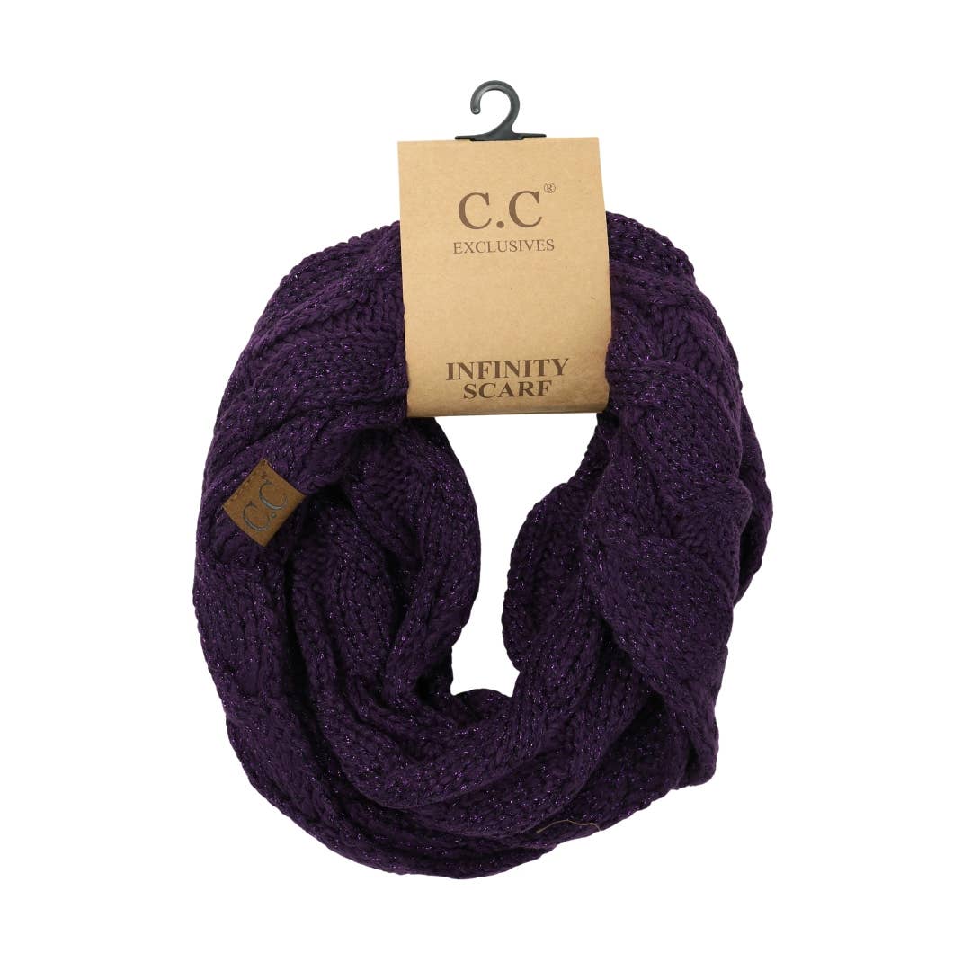 Metallic Cable Knit CC Infinity Scarf SF800MET: Metallic Ivory/Gold