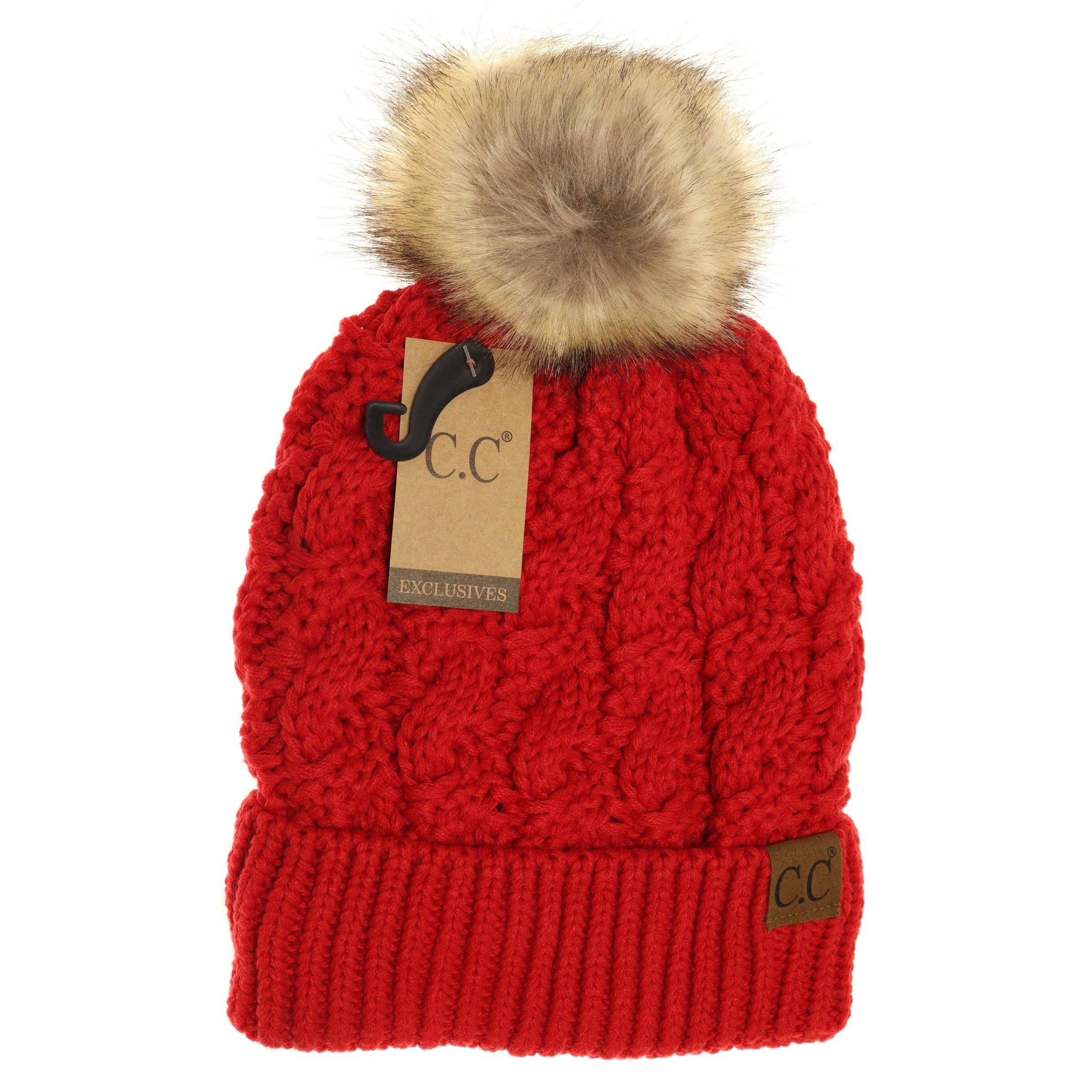 Ribbed Cable Knit Fur Pom Beanie YJ2021: Lt. Grey
