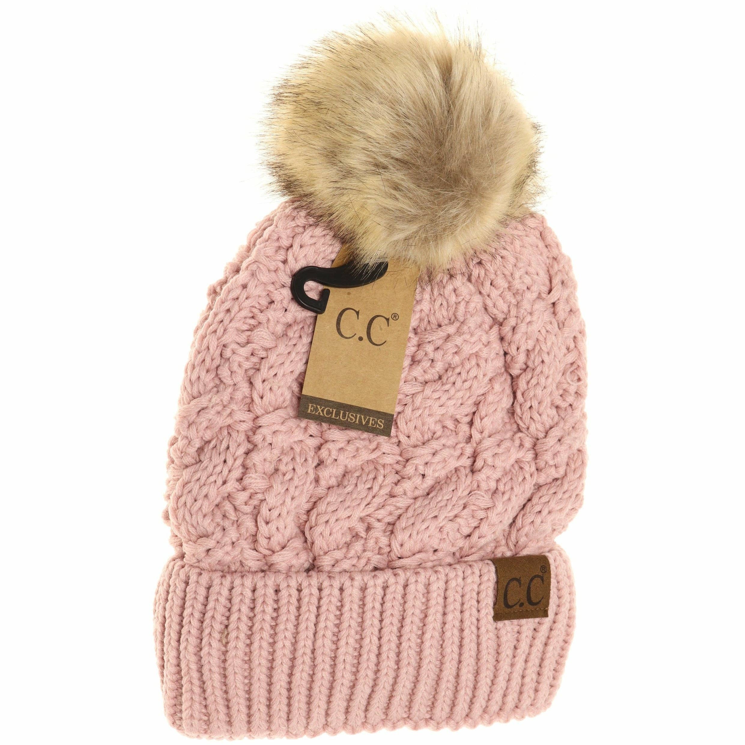 Ribbed Cable Knit Fur Pom Beanie YJ2021: Lt. Grey
