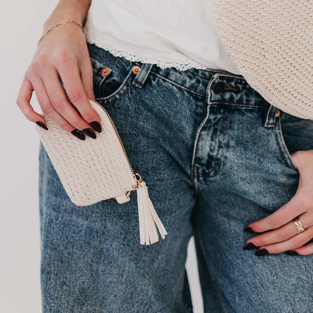 River Raffia Clippable Card Holder Wallet: Cream