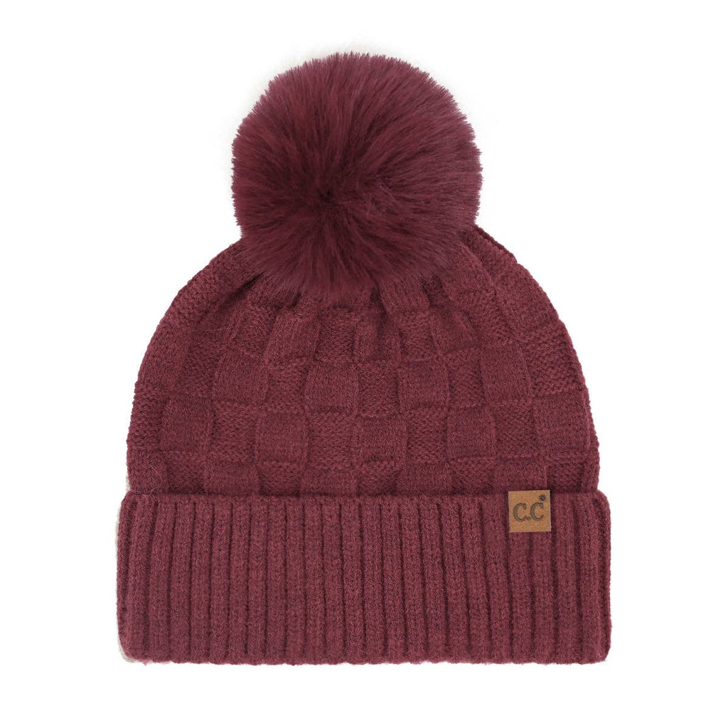 Woven Checkered Texture Pom C.C Beanie HTC0094: Burgundy