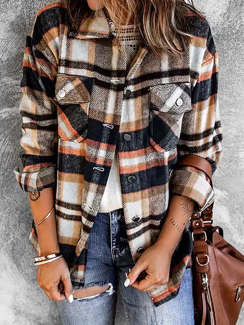 Blue (with orange tan cream)  Geometric Plaid Print Pocketed Shacket: 100%Polyester