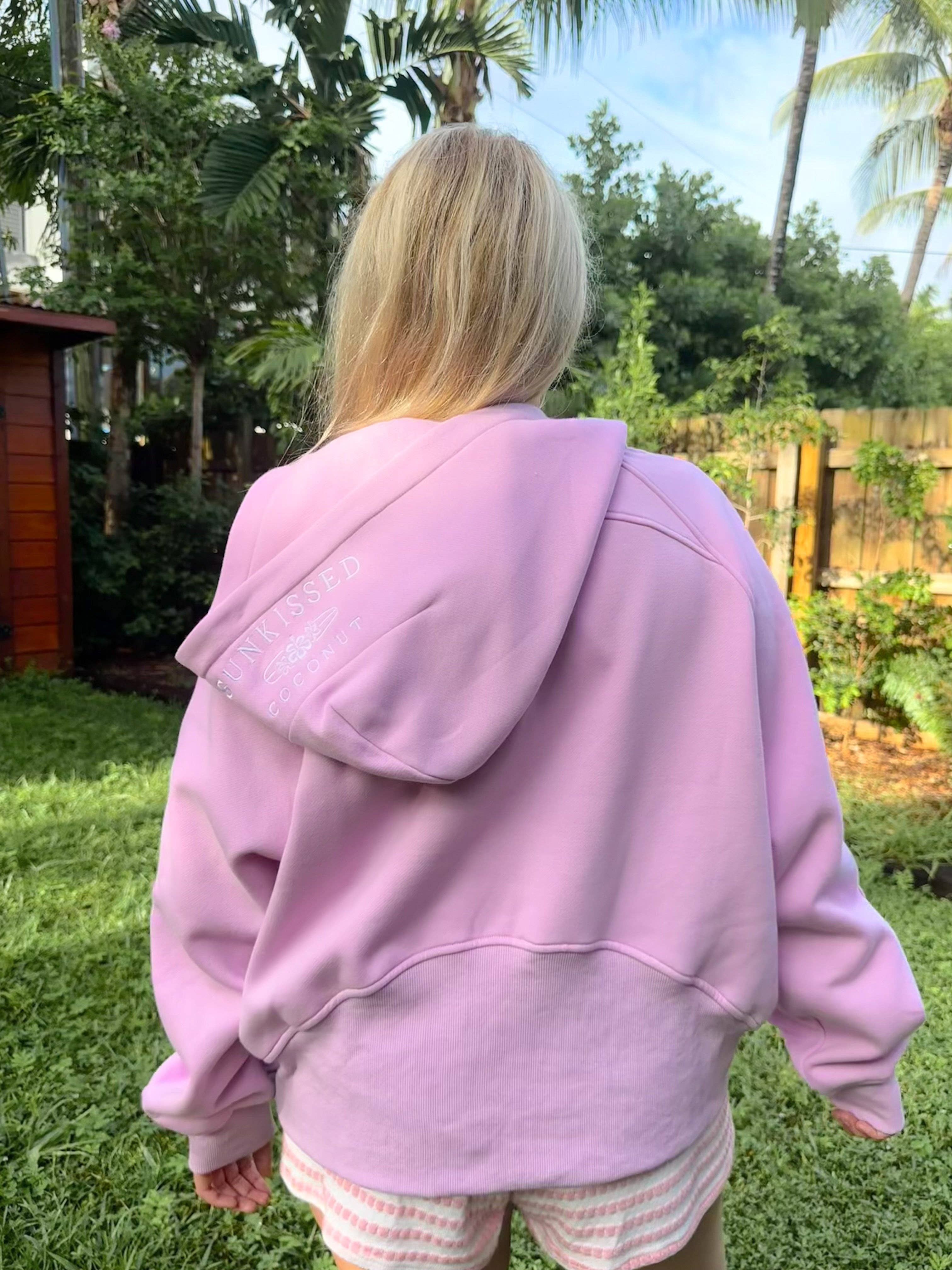 Pink Lavender  Pilates Detailed Waist Length Quarter Zip Hoodie:  Pink Lavender