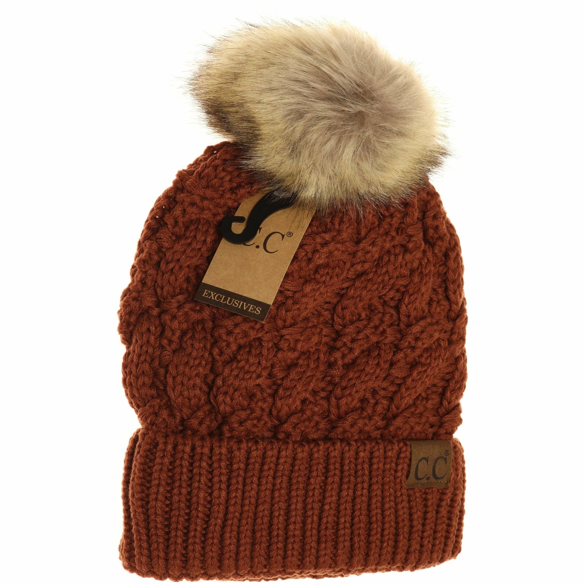 Ribbed Cable Knit Fur Pom Beanie YJ2021: Lt. Grey