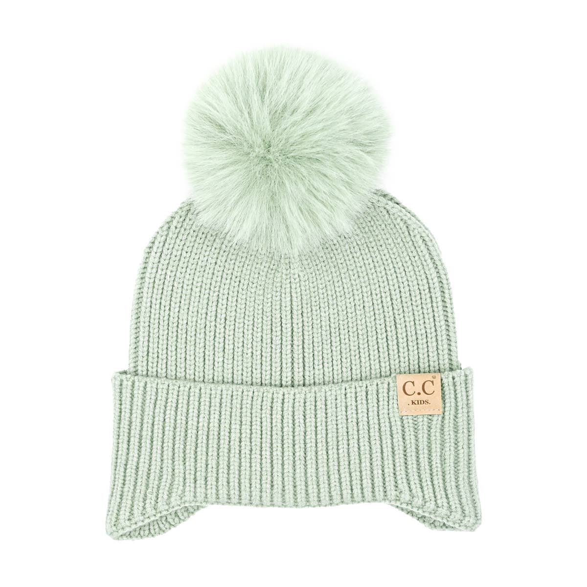 KIDS Ear Flap Double Pom C.C Beanie KDHTC0078: NEW-Sage