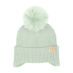 KIDS Ear Flap Double Pom C.C Beanie KDHTC0078: NEW-Sage